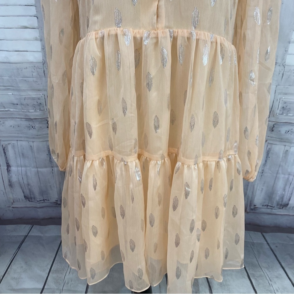 A Loves A Size Small Peach Silver Half Button Babydoll Mini Dress Long Sleeve - Picture 6 of 16